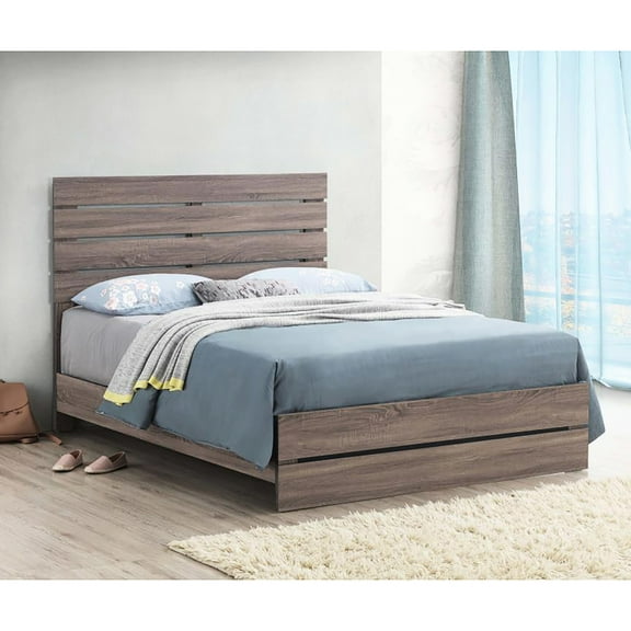 3d Paper Veneer Queen Bed With Classic Design - Enhances Bedroom Elegance Oak Slatted Headboard Fits Modern Aesthetics