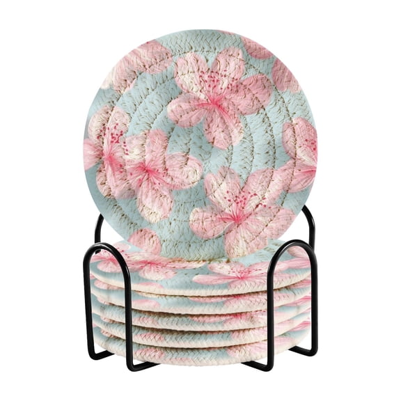 3d Pink Flowers Drinking Coasters Cup Mat with Holder for Kitchen Cafe Bar 6 Packs