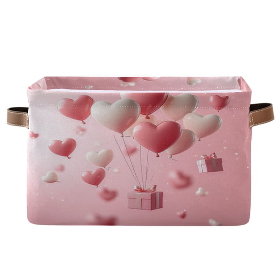 3d Pink Heart Balloons Foldable Storage Basket,Canvas Fabric Foldable Storage Bins with Handles Open Home Storage Bins Boxes for Toy Book Shelf Closet Baskets