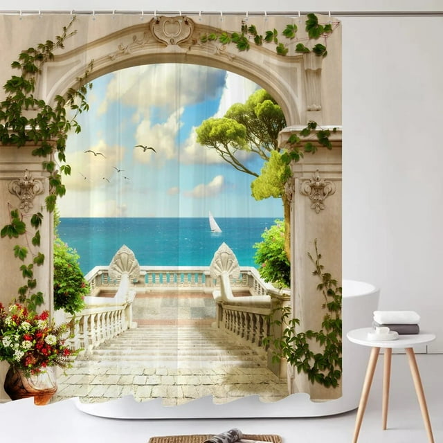180x180cm 3D Polyester Waterproof Beautiful View of Retro Coffee House Bath Shower Curtain 83291