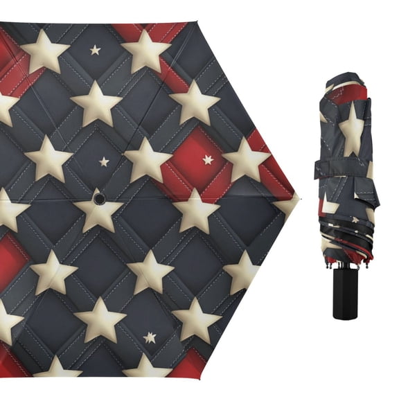 3d Red Blue Plaids Stars All Weather Umbrella Triple Folding Parasol 6 Ribs UV Protection Portable