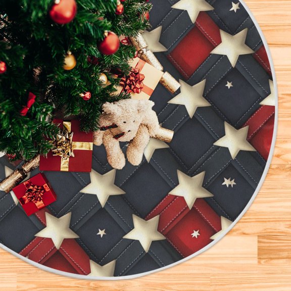 3d Red Blue Plaids Stars Christmas Tree Skirt Opening Design Floor Protection Holiday Decor 47.2" Diameter M