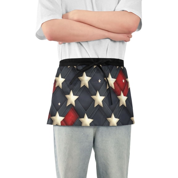 3d Red Blue Plaids Stars Short Server Apron with 3 Pockets for Unisex Chef Gardening