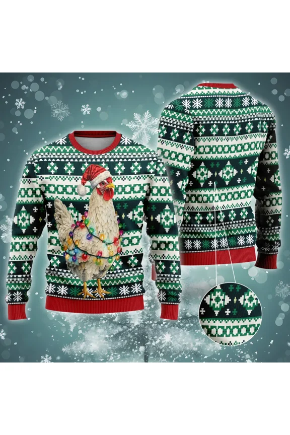 3d Rooster Xmas Lights Christmas Sweaters For Men Women, Merry Christmas All Over Printed Sweaters, Holiday Crewneck Unisex Pullover Sweater
