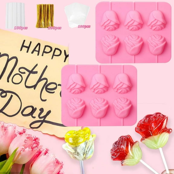 3d Rose Flower Lollipop Molds For Mother's Day, 2 Pieces 6 Cavity Flower Sucker Mold Silicone Lolly Pop Tray Chocolate Candy Molds With 100 Sticks For Hard Candy Cupcake Decor Jelly Soap Make