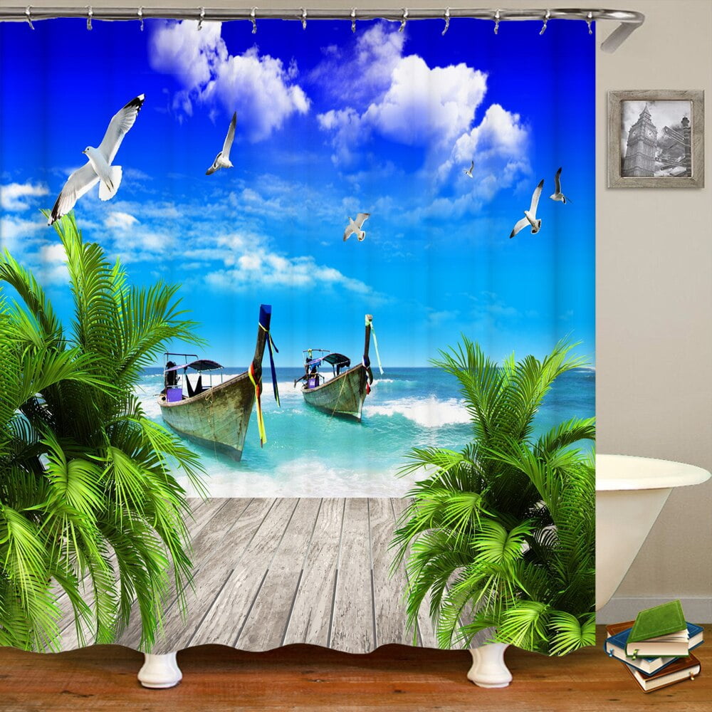 3d Seascape Beach Printed Fabric Shower Curtains Bathroom Curtain Bath ...