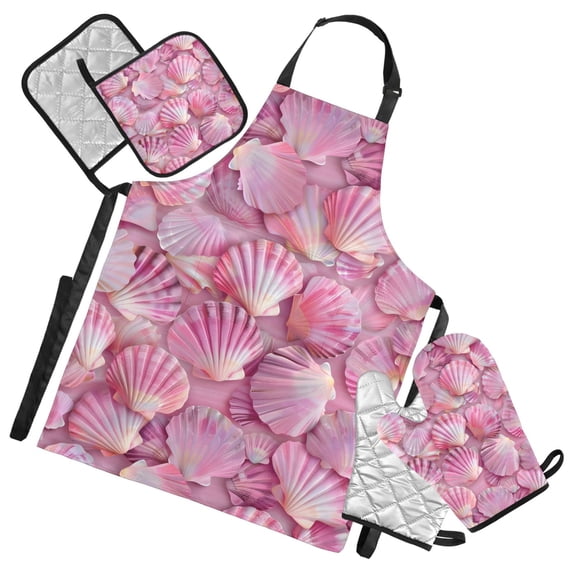 3d Seashells 5 Pcs Kitchen Set Heat Resistant Oven Mitts and Non-Slip Pot Holders with Adjustable Cooking Apron