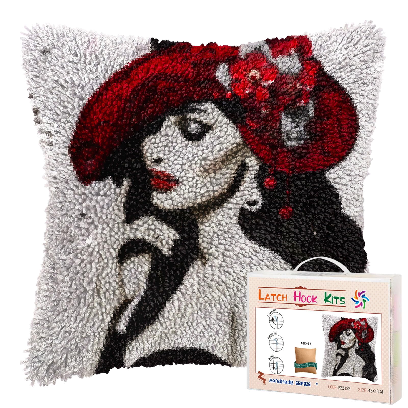 3d Tuextured Beauty Hat Woman DIY Latch Hook Pillow Kits for Adults Printed Pillowcase Crochet Yarns Hooking Handmade Pillow Cover Cushion for Home Sofa Decoration 17x17inch