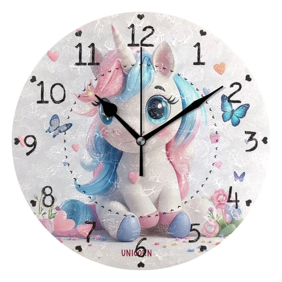 3d Unicorns Butterflies Round Wall Clock Silent Analog Battery Operated Black Pointer Home Decor 9.84" Diameter