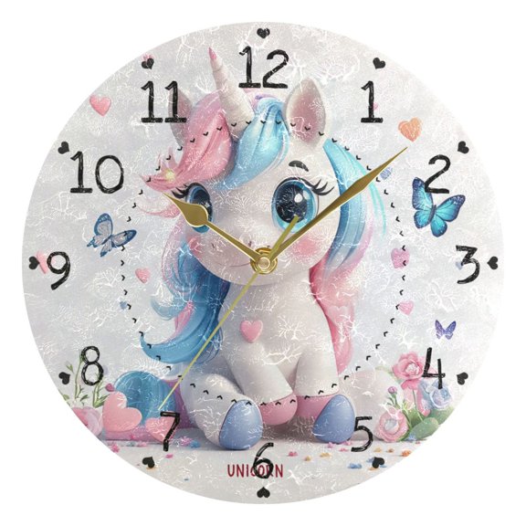 3d Unicorns Butterflies Round Wall Clock Silent Analog Battery Operated Gold Pointer Home Decor 9.84" Diameter