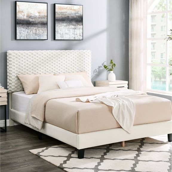 3d Upholstered White Bed - Relaxing Sleep Height Adjustable Headboard Full Size No Box Spring Required And Platform