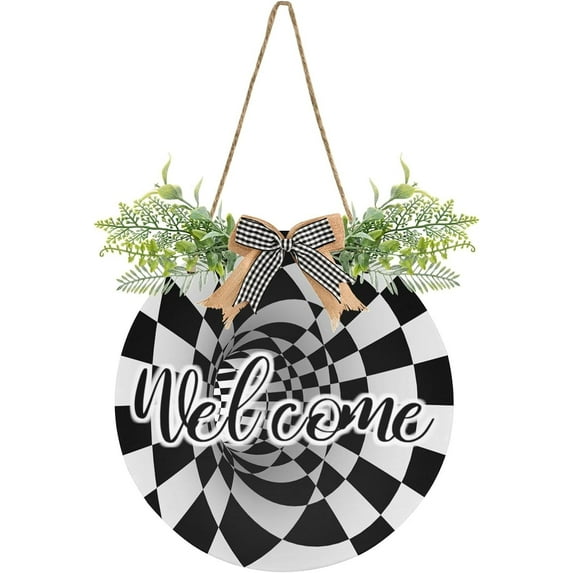 3d Warped Black and White Check Front Door Round, Hanging Welcome Sign, Front Door for Home, Farmhouse, Porch, Wall Hanging, Outdoor Home Decor