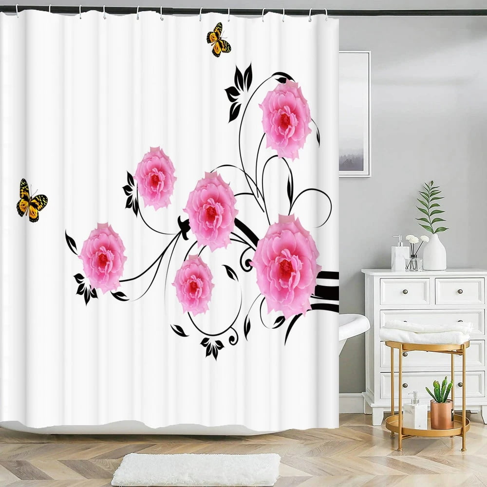 Zen Watercolor Shower Curtain - Pink Lotus Butterfly Floral Bathroom Decor 200x210cm