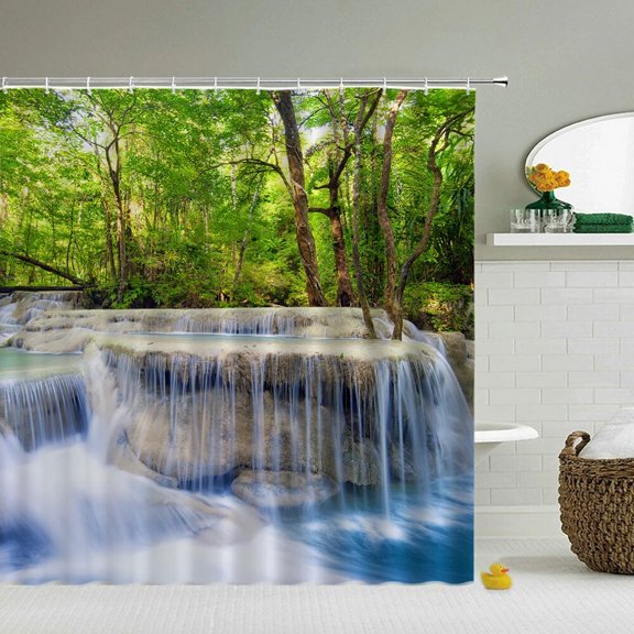 3d Waterproof Shower Curtains Waterfall Forest Scenery Bathroom Curtains Polyester Fabric Washable Decor Bath Curtains
