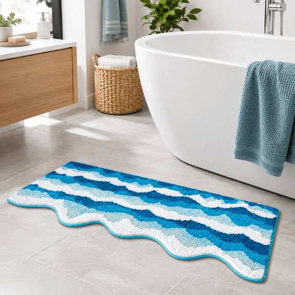 3d Wave Bedside Rug Beach Bathroom Runner Blue 21x50 Inch