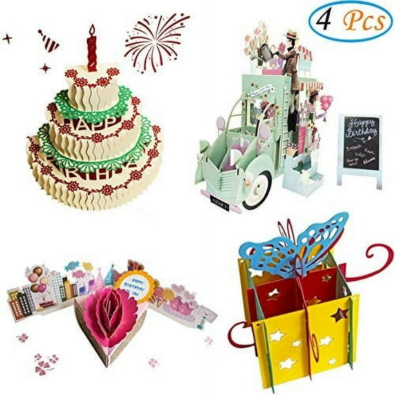 3d pop up birthday cards greeting handmade birthday cards & envelopes for sister, mom, wife, kids, boy, girl, friend (4 pack)