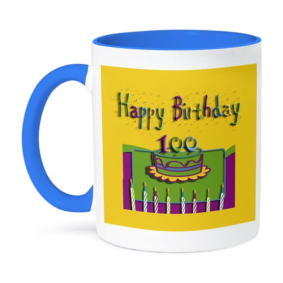 3dRose, 100th Birthday Colorful Cake and Candles, 11oz Two-Tone Blue Mug