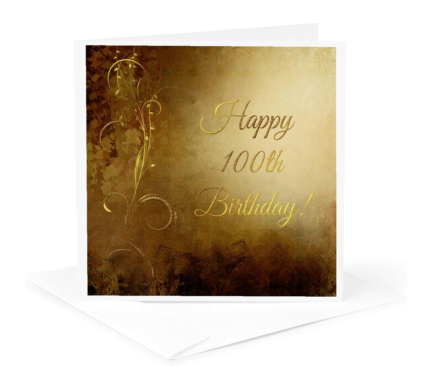 3dRose, 100th Birthday, Elegant Gold Vine on Gold Background, 1 Greeting Card with envelope