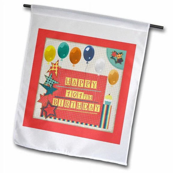 3dRose, 101st Birthday, Balloons, Cupcake, Stars, Block Letter, Orange, Green, 12 x 18 inch Garden Flag