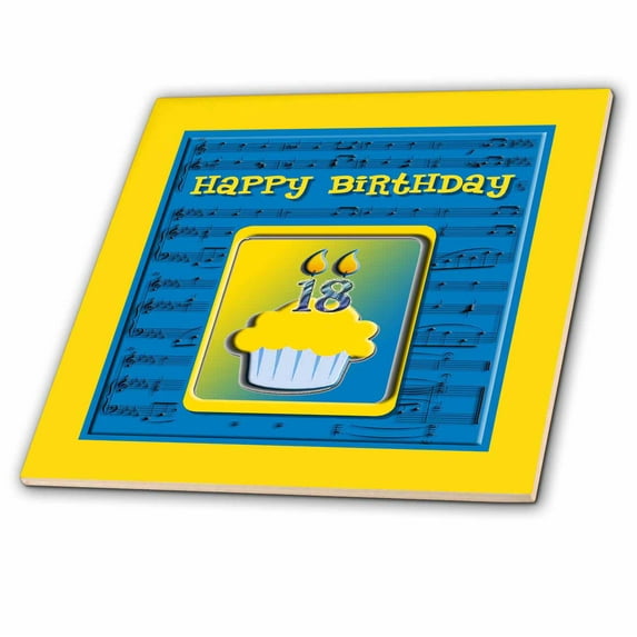 3dRose, 18th Birthday Cupcake on Music Notes, Blue and Yellow, 6 Inch Ceramic Tile