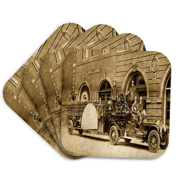 3drose, 1920s Hook and Ladder Fire Company Sepia, Set of 4 Coasters - Soft