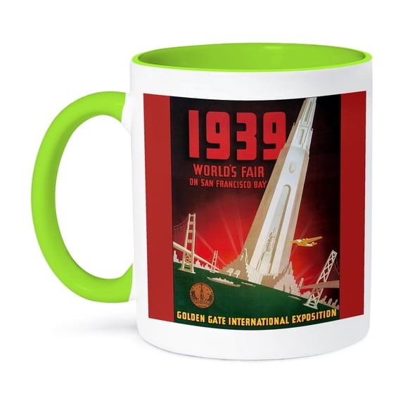 3dRose, 1939 Worlds Fair on San Francisco Bay Travel Poster in Red and Green, 11oz Two-Tone Green Mug