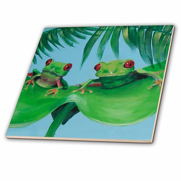 3dRose, 2 Tree Frogs on a Big Palm Leaf, 8 Inch Ceramic Tile