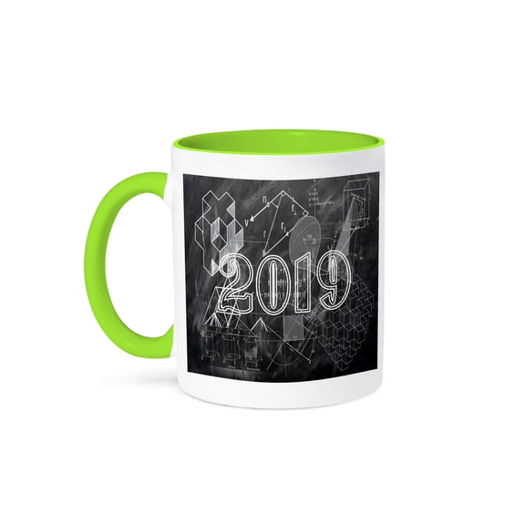 3dRose, 2019 Grad Geometry Mathematics Hexahedron Cube Theme, Black, White, 15oz Two-Tone Green Mug