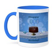 3dRose, 21st Birthday Party with Chocolate Cake and Blue Balloons, 11oz Two-Tone Blue Mug