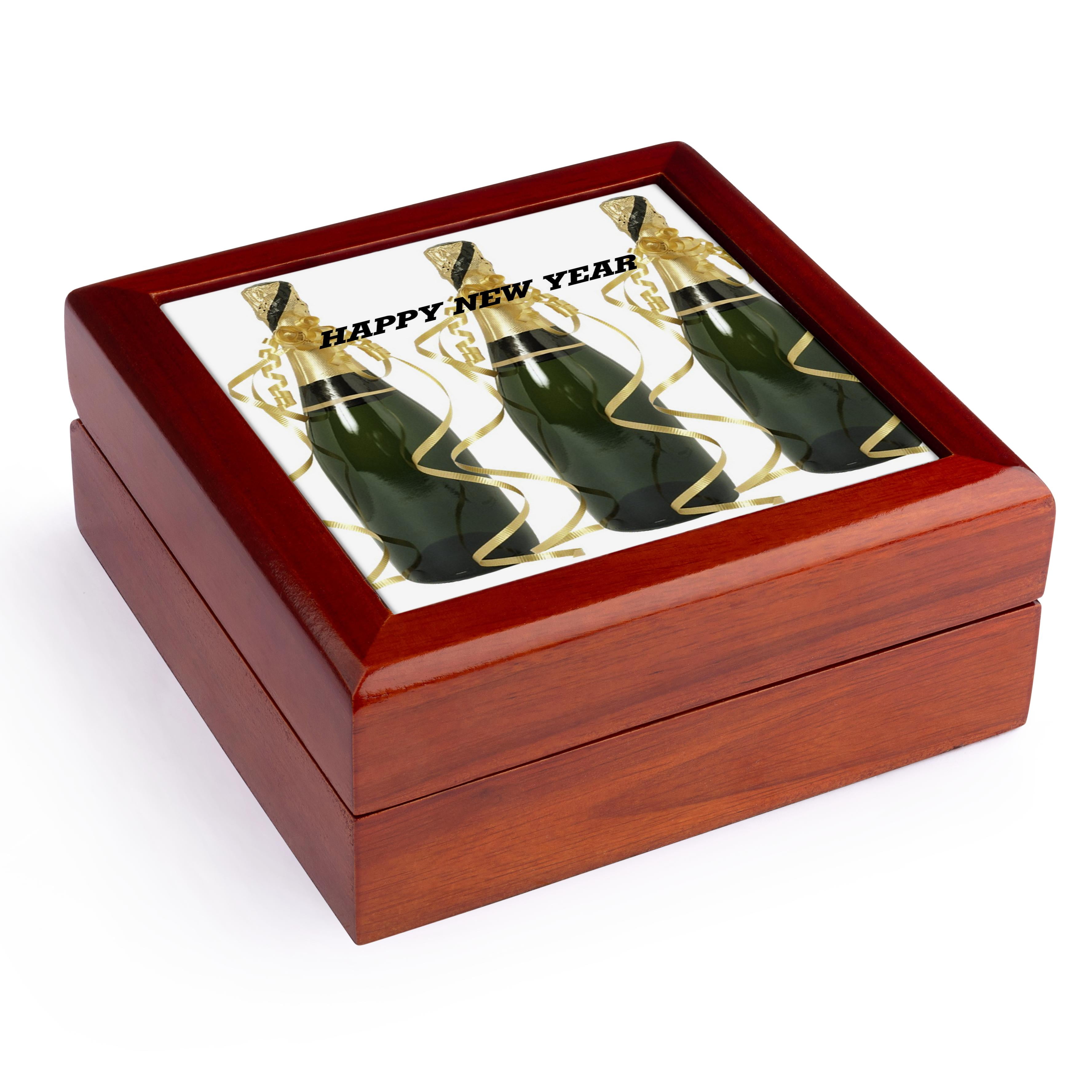 3dRose, 3 Bottles Of Champagne With Happy New Year In Text, Jewelry Box 5.5x5.5 inch with 4 inch tile