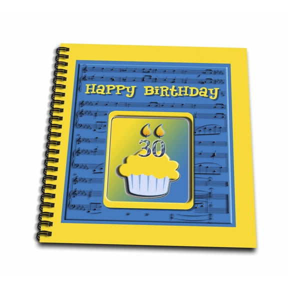 3dRose, 30th Birthday Cupcake on Music Notes, Blue and Yellow, Drawing Book 8 x 8 inch