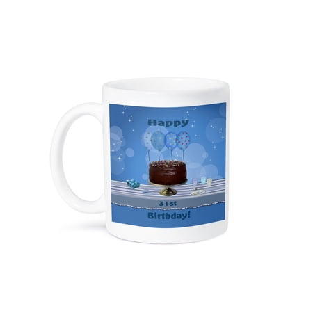 3dRose, 31st Birthday Party with Chocolate Cake and Blue Balloons, 11oz Mug