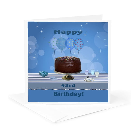 3drose, 43rd Birthday Party with Chocolate Cake and Blue Balloons, 1 Greeting Card with Envelope