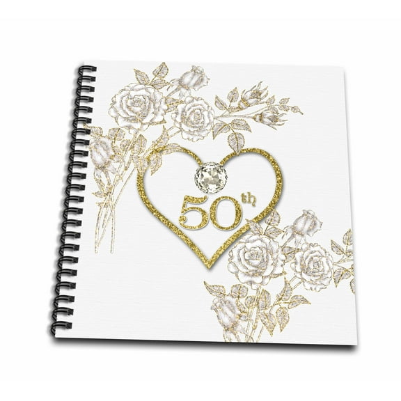 3dRose, 50th Golden Wedding Anniversary in Faux Gold Glitter Heart on White, Memory Book 12 x 12 inch