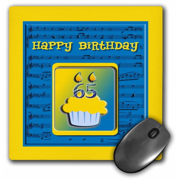 3dRose, 65th Birthday Cupcake on Music Notes, Blue and Yellow, MousePad
