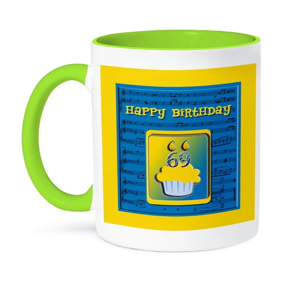 3dRose, 69th Birthday Cupcake on Music Notes, Blue and Yellow, 15oz Two-Tone Green Mug