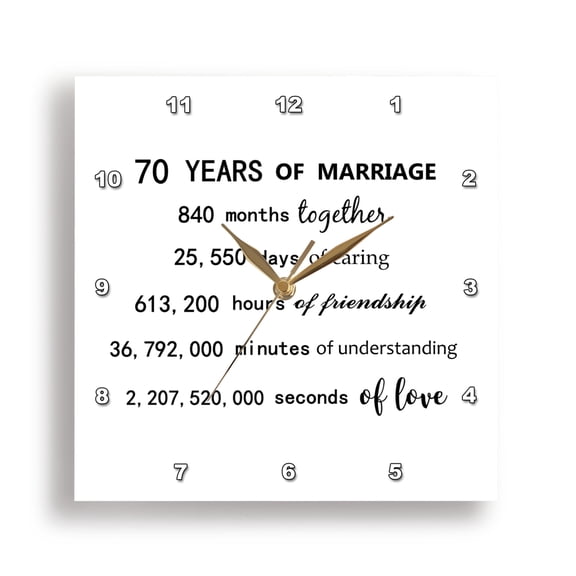 3drose, 70 Years of Marriage 70th Wedding Anniversary in Months Days Hours, 10x10 Wall Clock