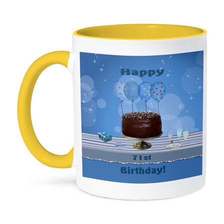 71St Birthday Party With Chocolate Cake And Blue Balloons, 11oz Two-Tone Yellow Mug