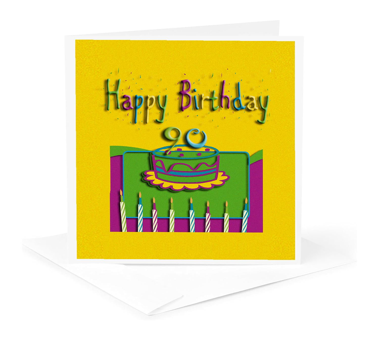 3dRose, 90th Birthday Colorful Cake and Candles, 1 Greeting Card with envelope