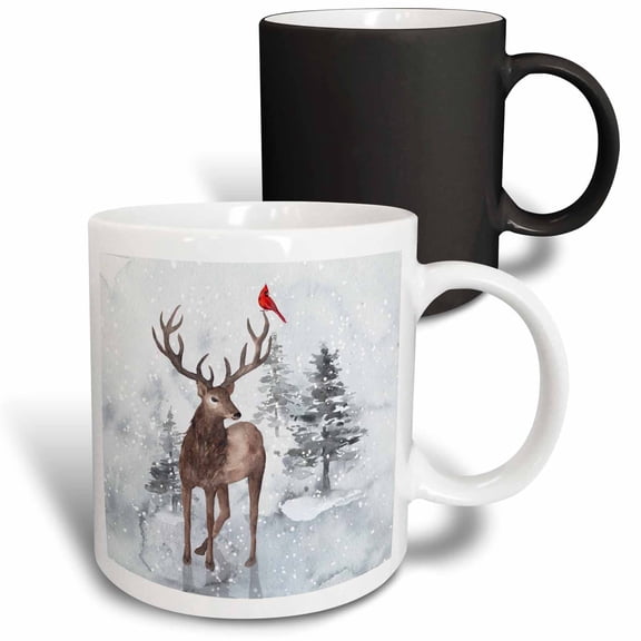 3drose, a Beautiful Buck with a Visiting Red Cardinal Bird in a Winter Forest, 11oz Magic Transforming Mug
