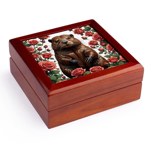 3dRose, A Beaver Surrounded By New York Roses 1, Jewelry Box 5.5x5.5 inch with 4 inch tile