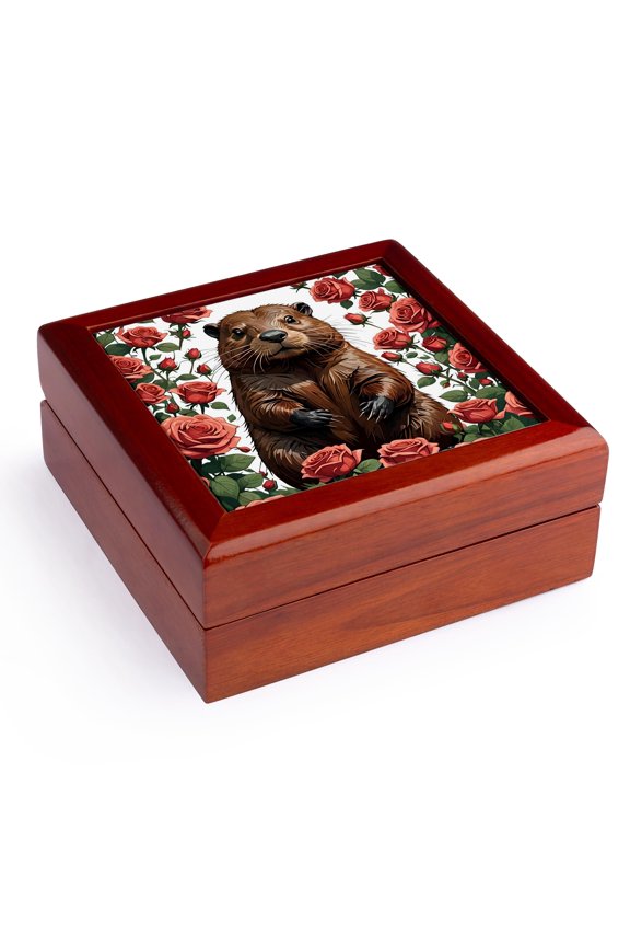 , A Beaver Surrounded By New York Roses 1, Jewelry Box 5.5x5.5 inch with 4 inch tile