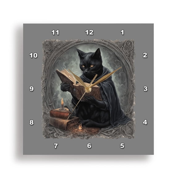 3dRose, A Black Cat Wearing A Cloak Studying Halloween Spells, 15x15 Wall Clock