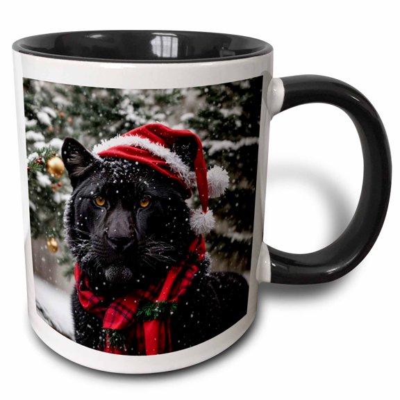 3drose, a Black Panther Wearing a Santa Hat and Scarf, 15oz Two-tone Black Mug