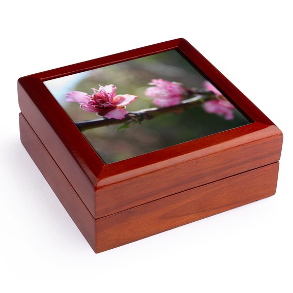 3dRose, A Bough Of Blurred Peach Blossom , Jewelry Box 5.5x5.5 inch with 4 inch tile