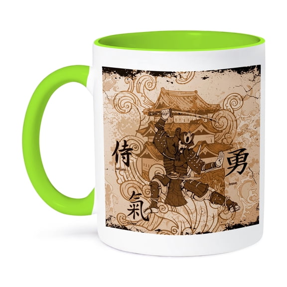 3dRose, A Brown Tinged Samurai Warrior Against An Oriental Building With Oriental Writing., 15oz Two-Tone Green Mug