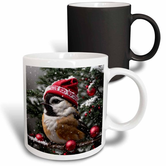 3drose, a Chickadee Wearing a Santa Hat and Scarf, 11oz Magic Transforming Mug