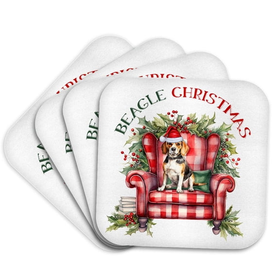 3drose, a Christmas Ready Beagle Dog in a Elf Hat Sitting on a Red Chair, Set of 4 Coasters - Soft