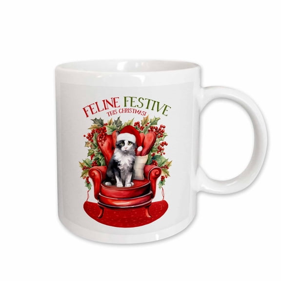 3drose, a Christmas Tuxedo Black and White Cat on a Red Holiday Chair, 11oz Mug