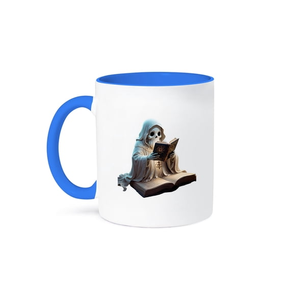 3dRose, A Cute Halloween Ghost Reading A Book , 11oz Two-Tone Blue Mug